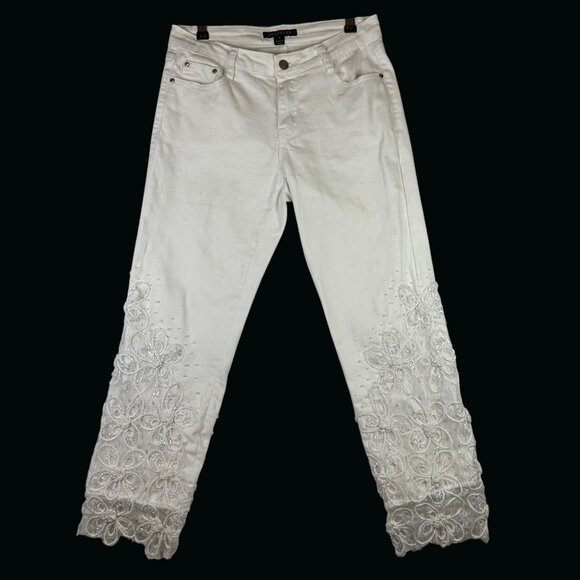 White Juliette Cropped Jeans Sz 6 Embroidered Floral Lace Overlay Sequins Chic - Picture 1 of 14